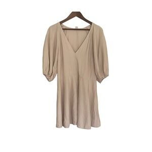 H&M Beige‎ Puff Sleeve Mini Dress Women's S V Neck Fit Flare